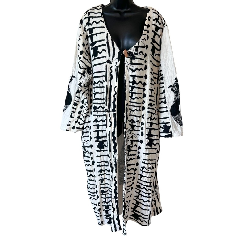 Ashro Black & White African Tribal Print Mudcloth Duster Jacket